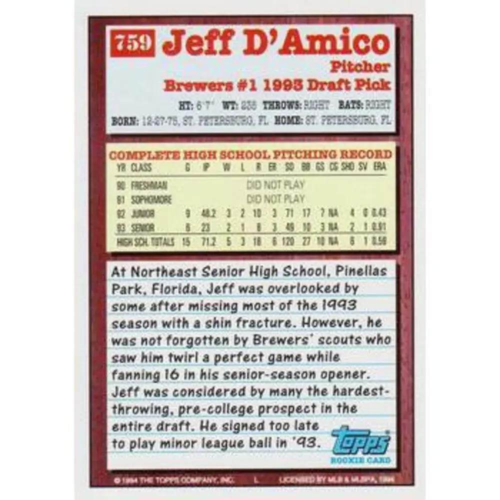 1994 Topps Jeff D'Amico DPK, RC # 759 Milwaukee Brewers